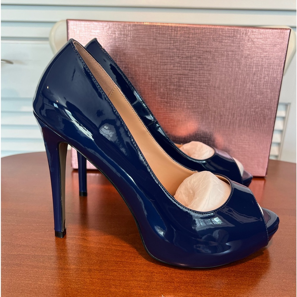 New Patent Navy Peep Toe Pumps